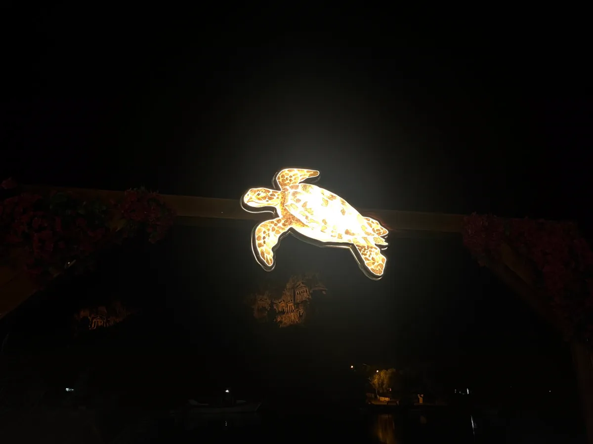 Kordondaki ahşap çerçeveye asılmış ışıklı caretta caretta figürü; arkada gece ışıklandırılmış kaya mezarları