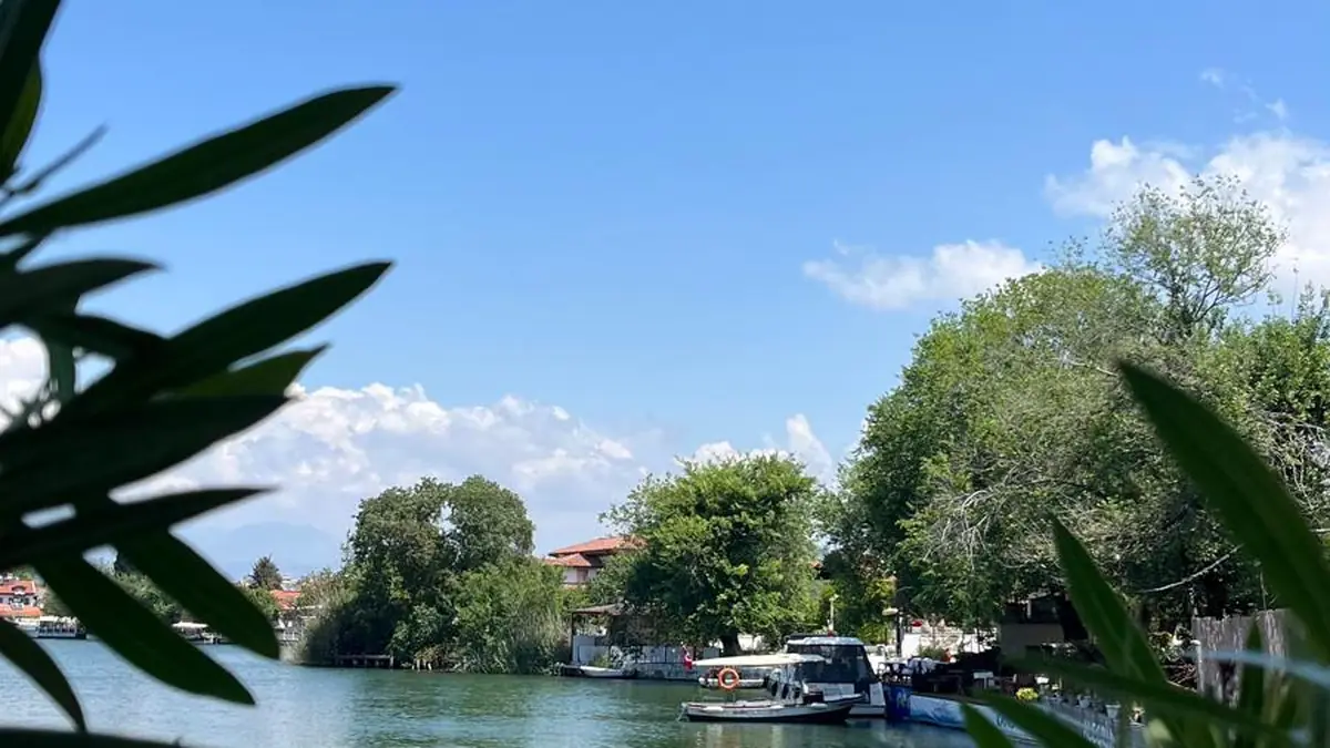 Zakkum yaprakları arasından görünen Dalyan Çayı; karşı kıyıda bağlı tekneler ve kordondaki işletmeler