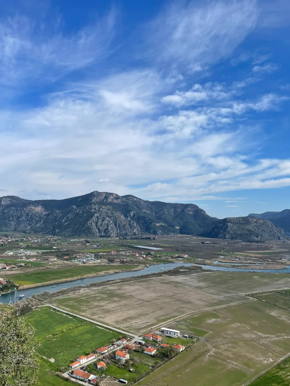 Tepeden Dalyan ovası: tarlalar, narenciye bahçeleri, nehir kolları ve arkada dağlar