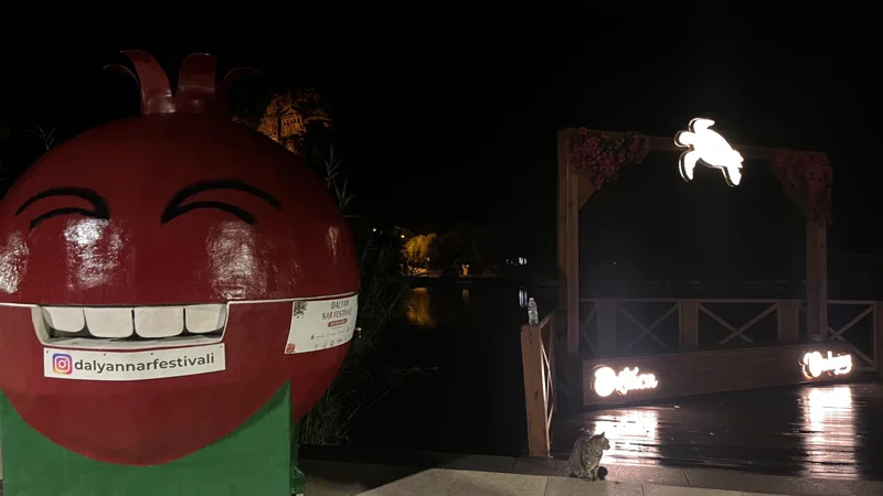 Dalyan kordonunda Nar Festivali için kurulan dev nar figürü ve ışıklı caretta süslemesi