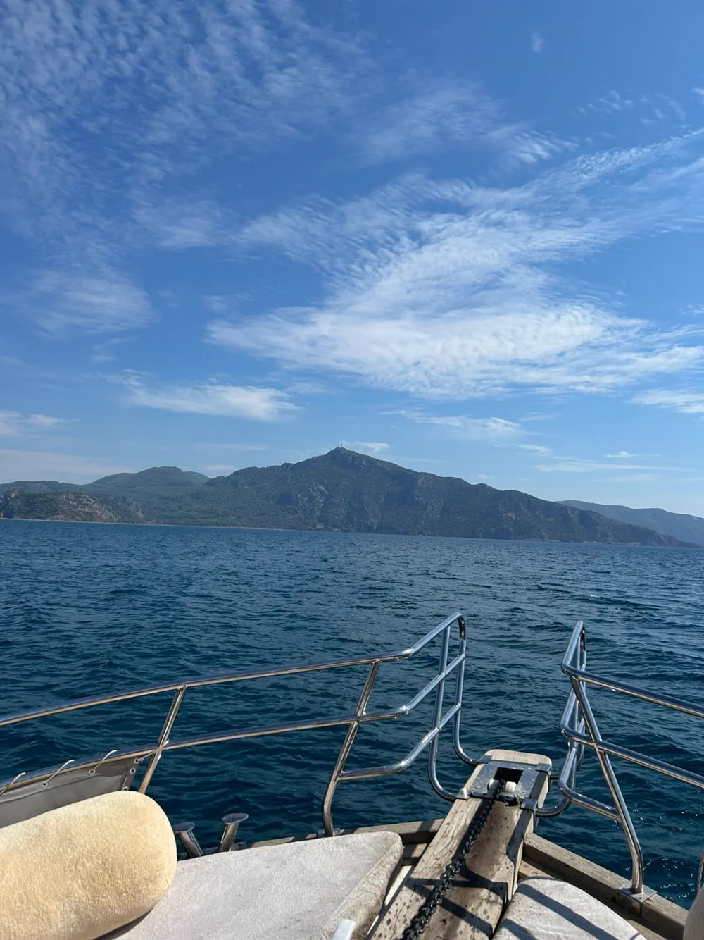 Teknenin baş tarafındaki küpeşteden açık deniz ve karşıda ormanlık, kayalık bir yarımada